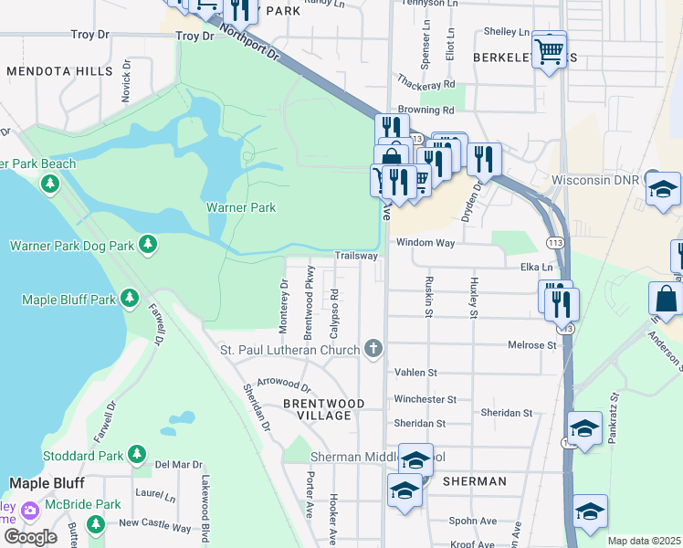 map of restaurants, bars, coffee shops, grocery stores, and more near 2413 Calypso Road in Madison