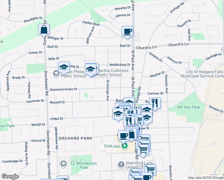 map of restaurants, bars, coffee shops, grocery stores, and more near 6384 Stamford Green Drive in Niagara Falls