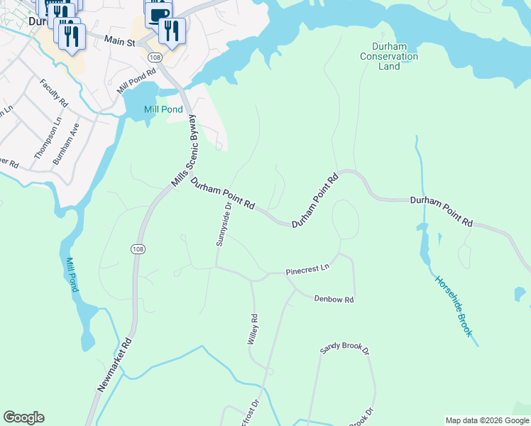 map of restaurants, bars, coffee shops, grocery stores, and more near 32 Durham Point Road in Durham