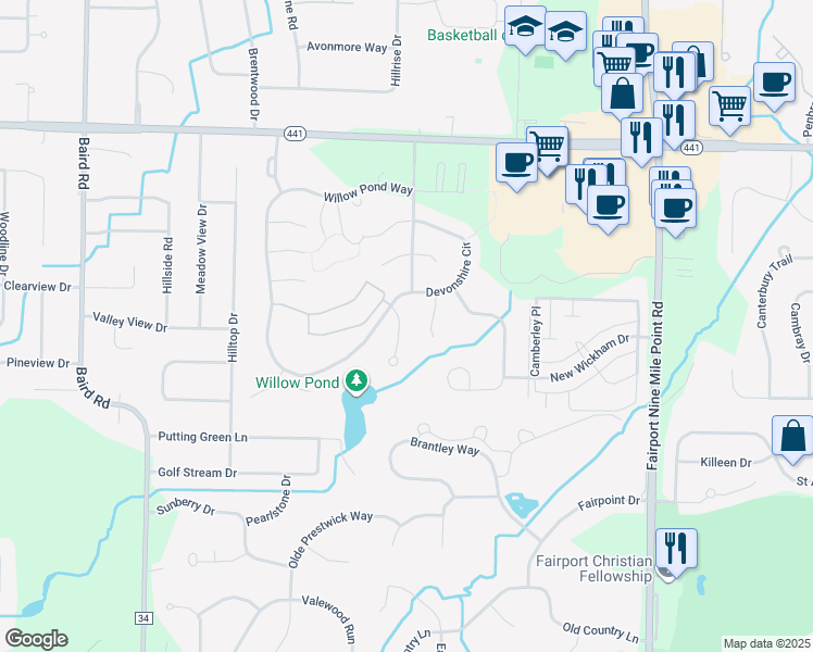 map of restaurants, bars, coffee shops, grocery stores, and more near 14 Jacaranda Court in Penfield