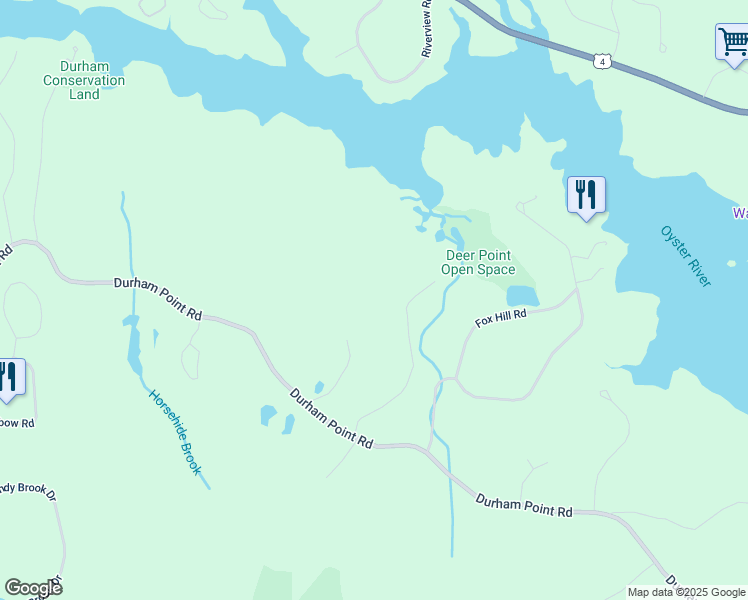 map of restaurants, bars, coffee shops, grocery stores, and more near 127 Durham Point Road in Durham