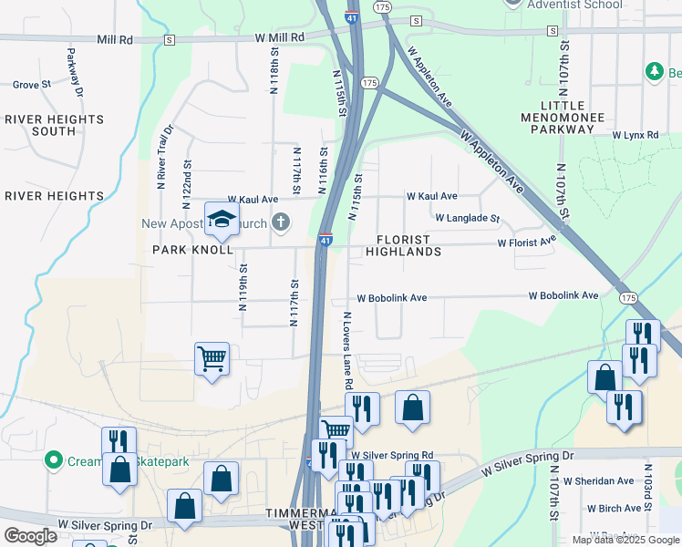 map of restaurants, bars, coffee shops, grocery stores, and more near 5921 North Lovers Lane Road in Milwaukee