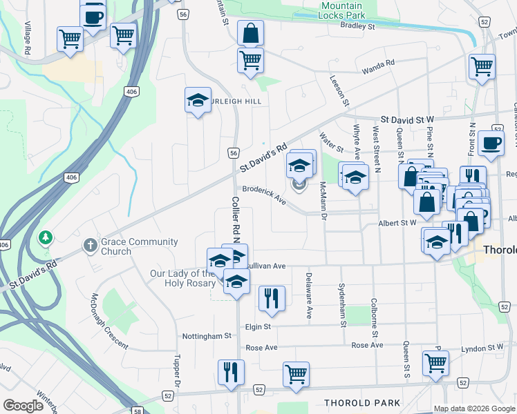 map of restaurants, bars, coffee shops, grocery stores, and more near 32 Stewart Avenue in Thorold
