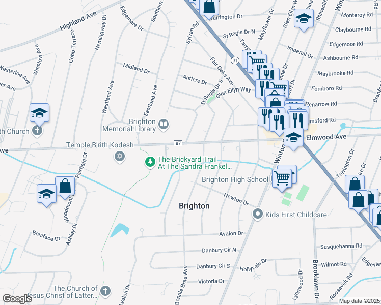 map of restaurants, bars, coffee shops, grocery stores, and more near 2325 Elmwood Avenue in Rochester