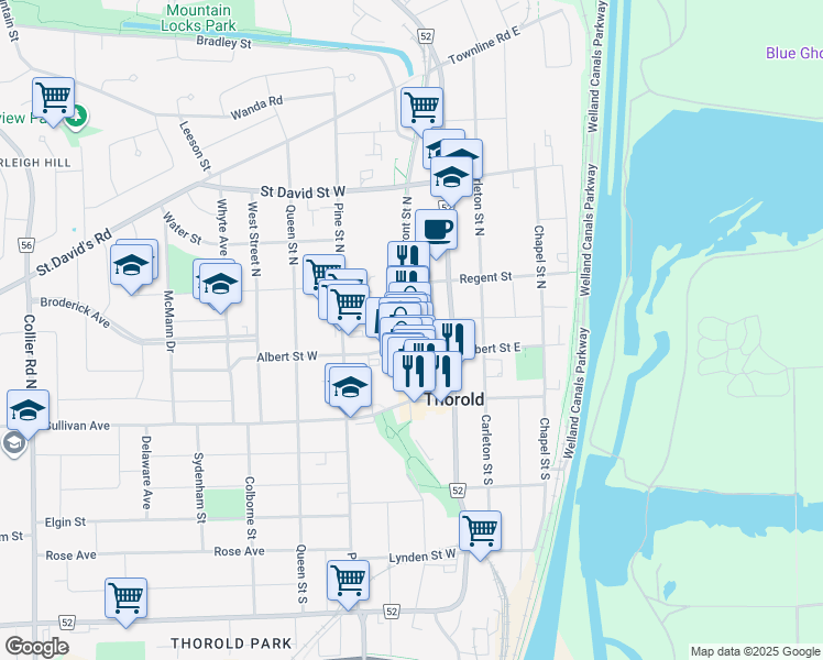 map of restaurants, bars, coffee shops, grocery stores, and more near 18 Front Street North in Thorold