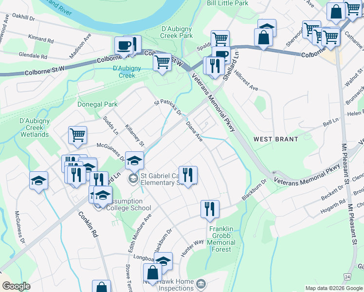 map of restaurants, bars, coffee shops, grocery stores, and more near 2 Avey Street in Brantford