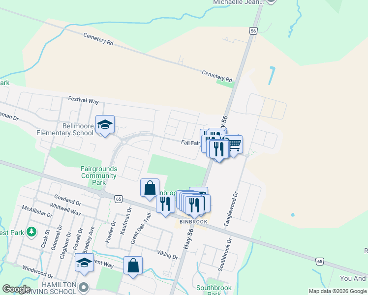 map of restaurants, bars, coffee shops, grocery stores, and more near 62 Fall Fair Way in Hamilton