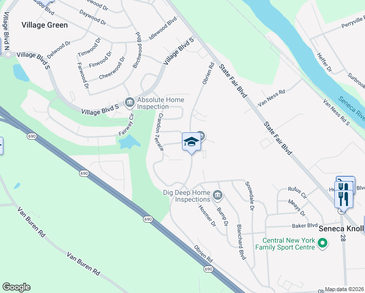 map of restaurants, bars, coffee shops, grocery stores, and more near 7307 Obrien Road in Baldwinsville