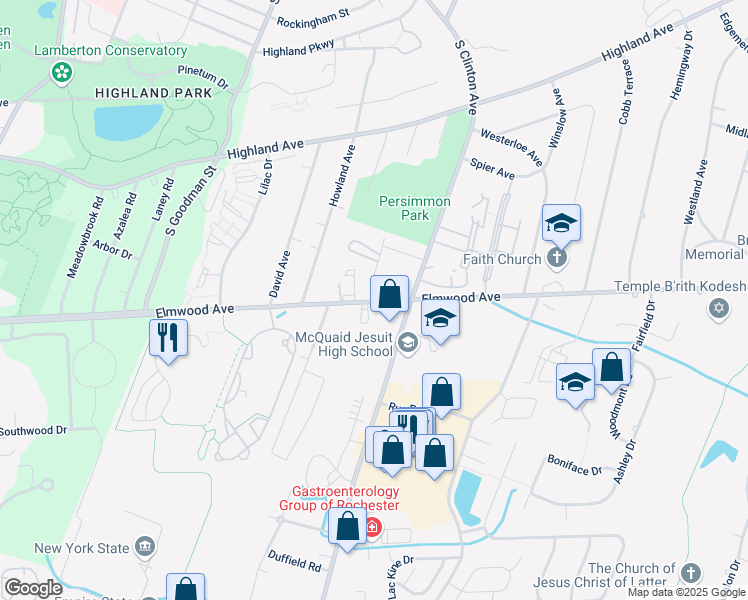 map of restaurants, bars, coffee shops, grocery stores, and more near 1600 Elmwood Avenue in Rochester