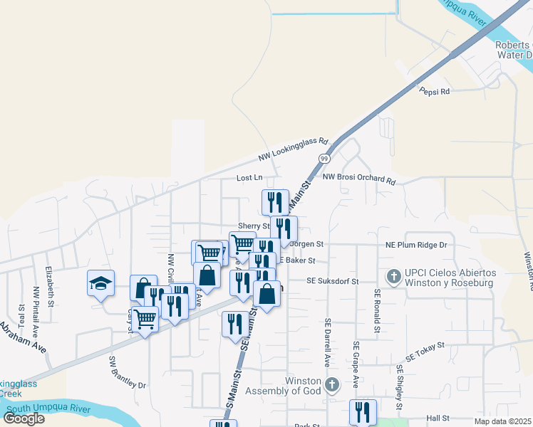 map of restaurants, bars, coffee shops, grocery stores, and more near 160 South Main Street in Winston