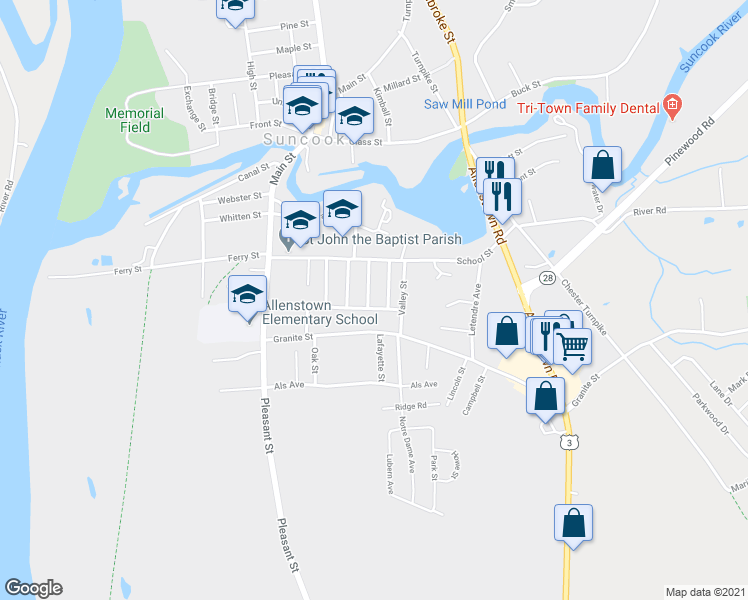 map of restaurants, bars, coffee shops, grocery stores, and more near 37 Cross Street in Suncook