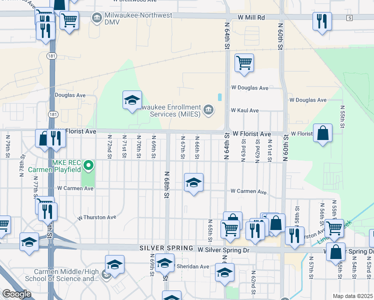 map of restaurants, bars, coffee shops, grocery stores, and more near 5902 North 67th Street in Milwaukee