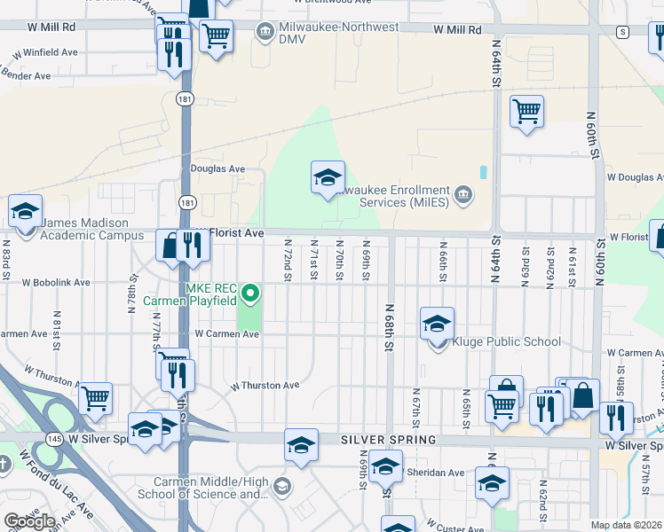 map of restaurants, bars, coffee shops, grocery stores, and more near 5901 North 70th Street in Milwaukee