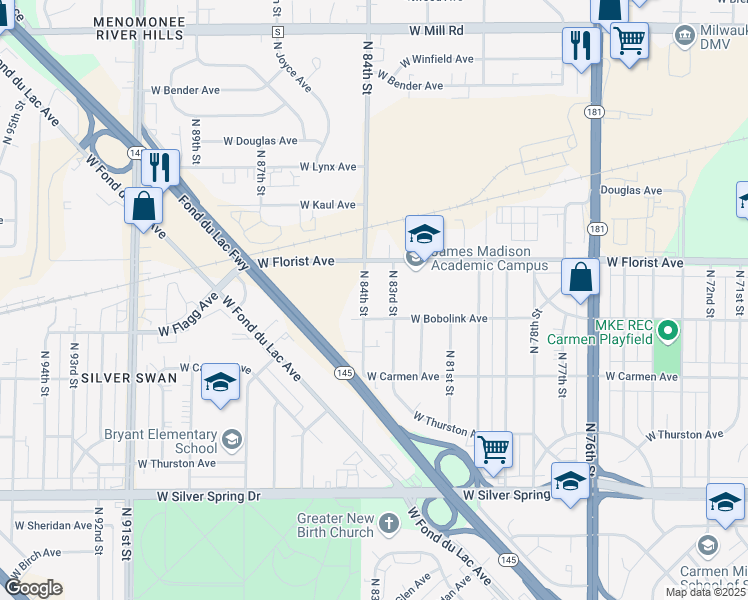 map of restaurants, bars, coffee shops, grocery stores, and more near 5876 North 84th Street in Milwaukee
