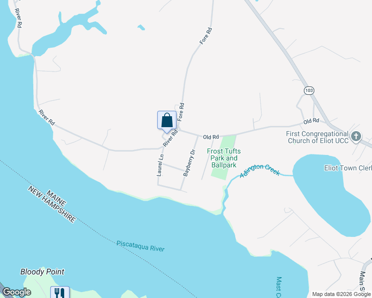 map of restaurants, bars, coffee shops, grocery stores, and more near 13 Bayberry Drive in Eliot