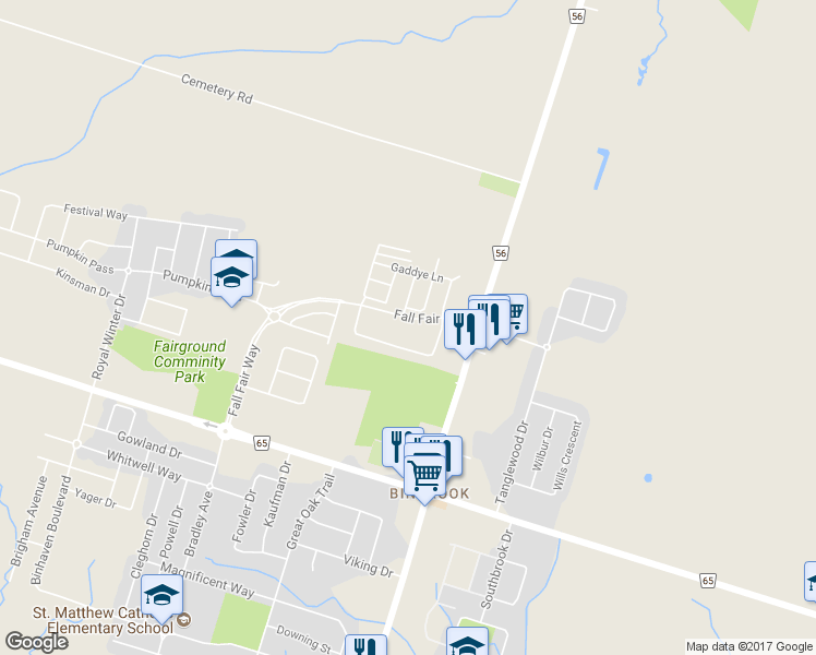 map of restaurants, bars, coffee shops, grocery stores, and more near 62 Fall Fair Way in Hamilton