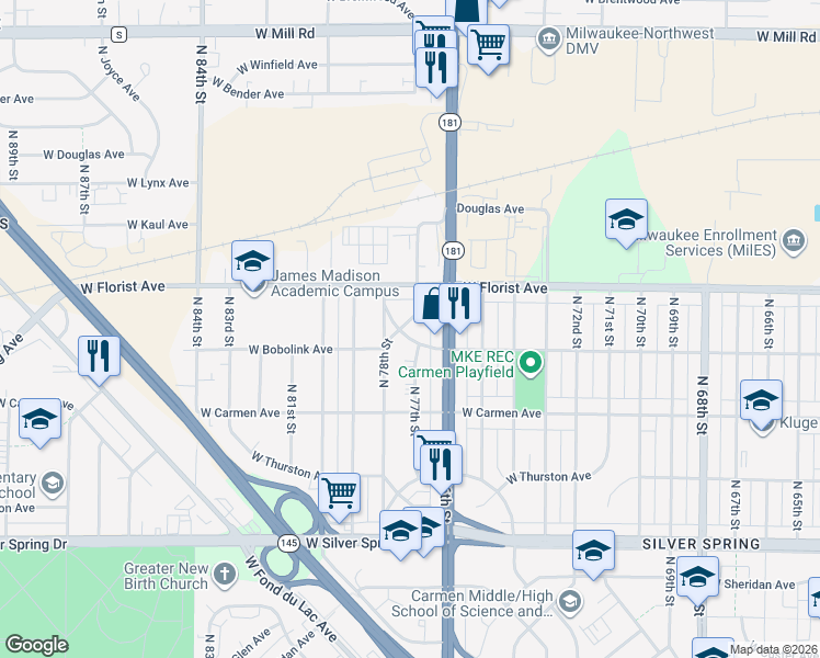 map of restaurants, bars, coffee shops, grocery stores, and more near 5884 North 78th Street in Milwaukee