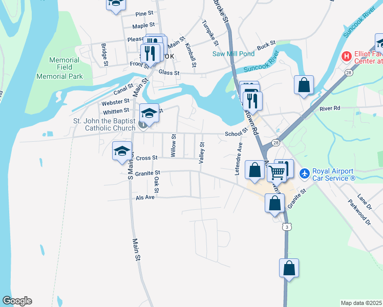 map of restaurants, bars, coffee shops, grocery stores, and more near 37 Cross Street in Suncook