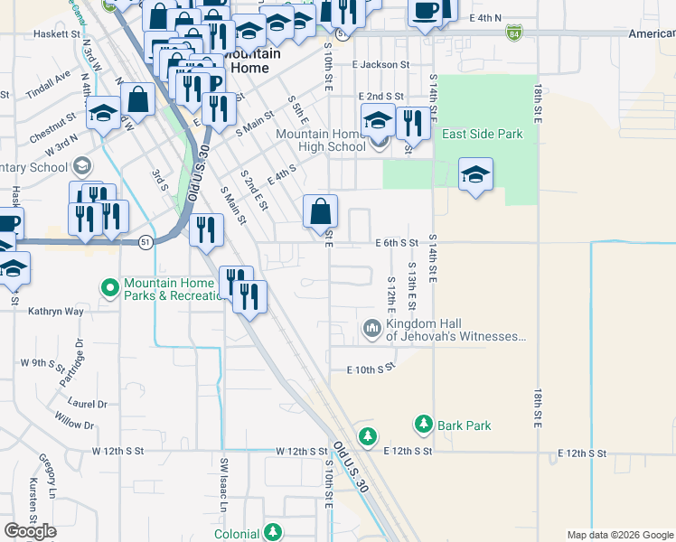 map of restaurants, bars, coffee shops, grocery stores, and more near 715 South 10th East Street in Mountain Home