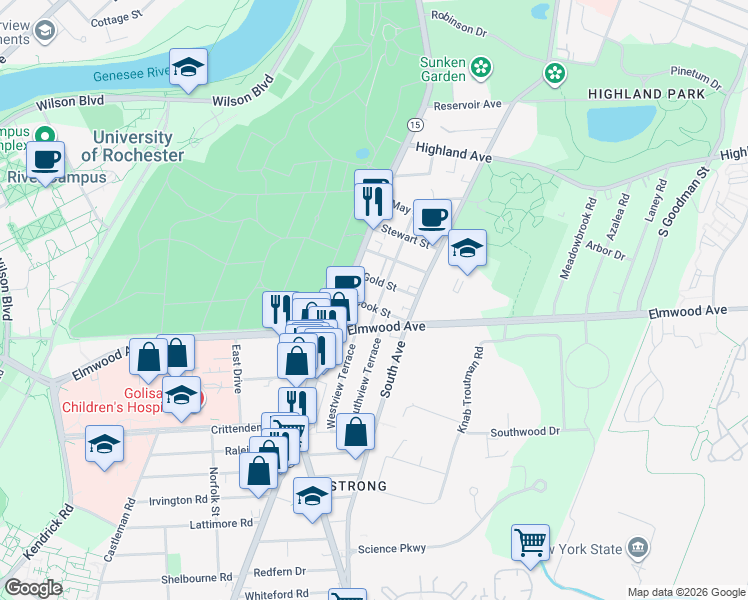 map of restaurants, bars, coffee shops, grocery stores, and more near 830 Elmwood Avenue in Rochester