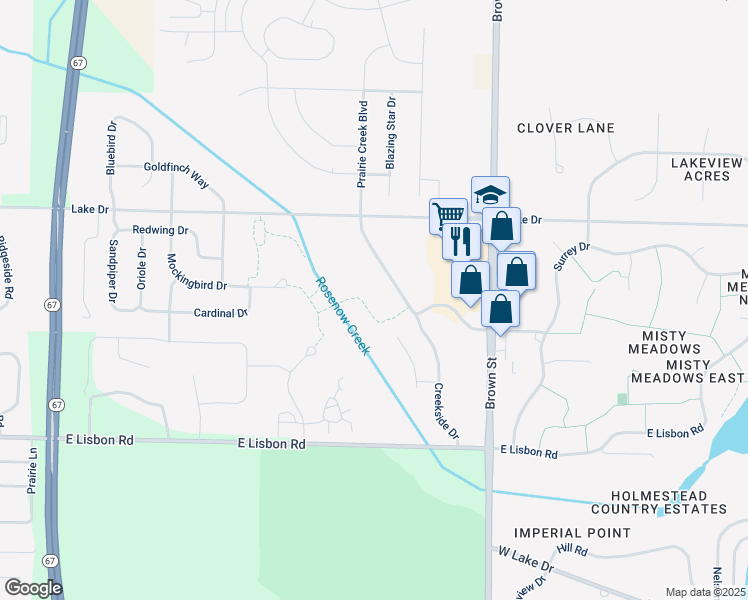 map of restaurants, bars, coffee shops, grocery stores, and more near 1200 Prairie Creek Boulevard in Oconomowoc
