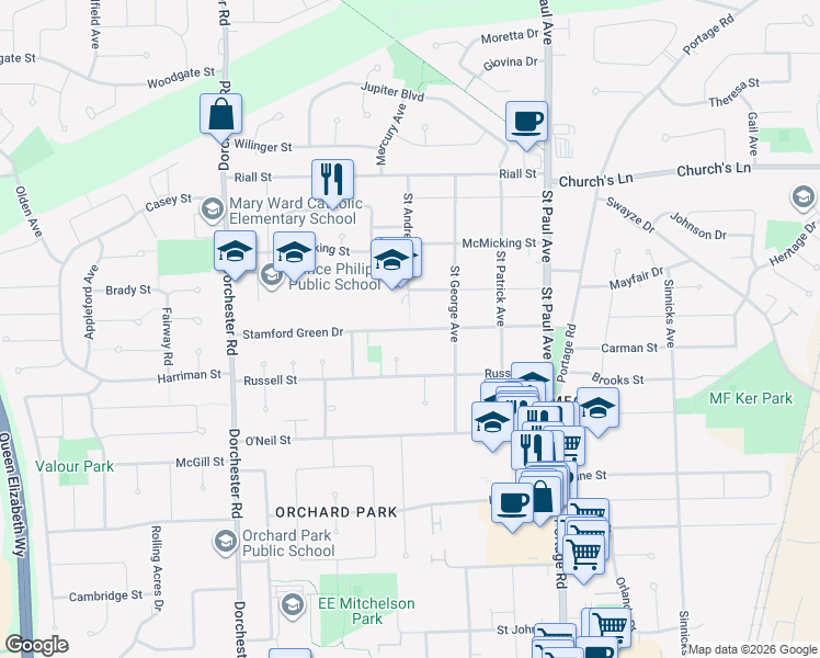 map of restaurants, bars, coffee shops, grocery stores, and more near Stamford Green Drive in Niagara Falls