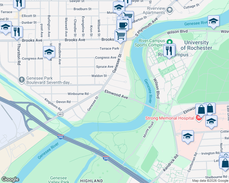 map of restaurants, bars, coffee shops, grocery stores, and more near 131 Elmwood Avenue in Rochester