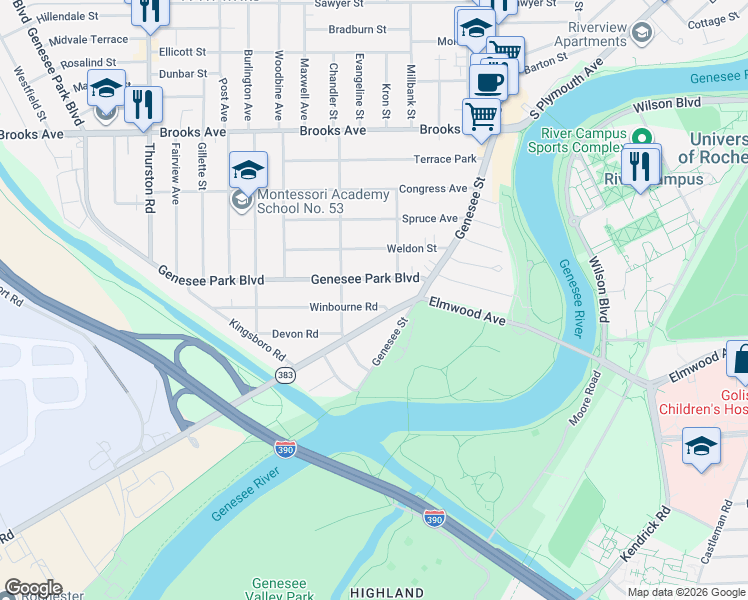 map of restaurants, bars, coffee shops, grocery stores, and more near 84 Scottsville Road in Rochester