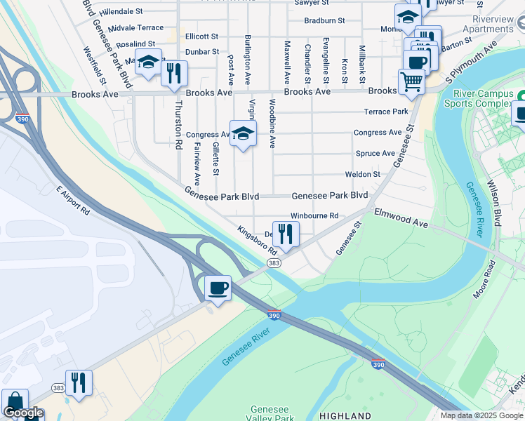 map of restaurants, bars, coffee shops, grocery stores, and more near 138 Devon Road in Rochester