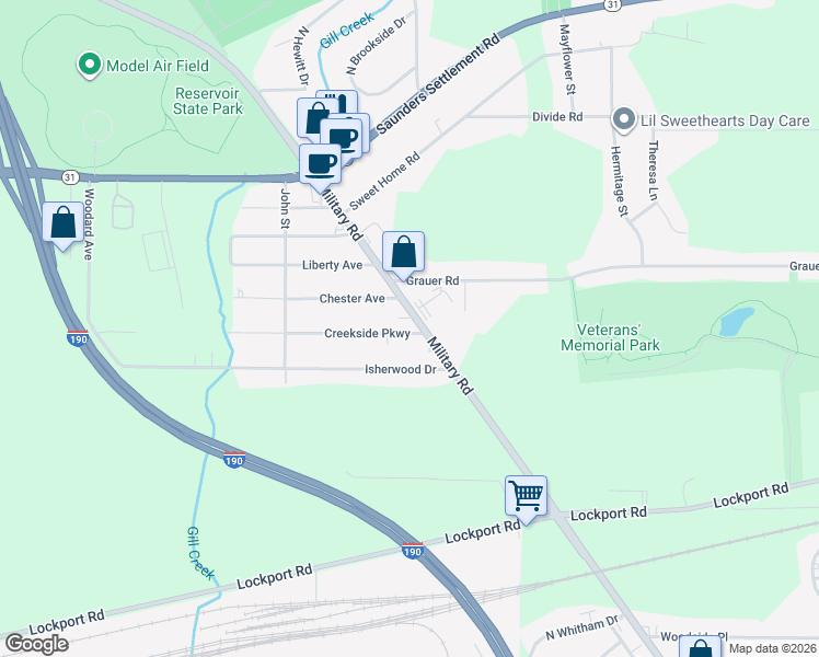 map of restaurants, bars, coffee shops, grocery stores, and more near 5110 Isherwood Drive in Niagara Falls