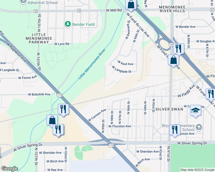 map of restaurants, bars, coffee shops, grocery stores, and more near 9863 West Menomonee Park Court in Milwaukee