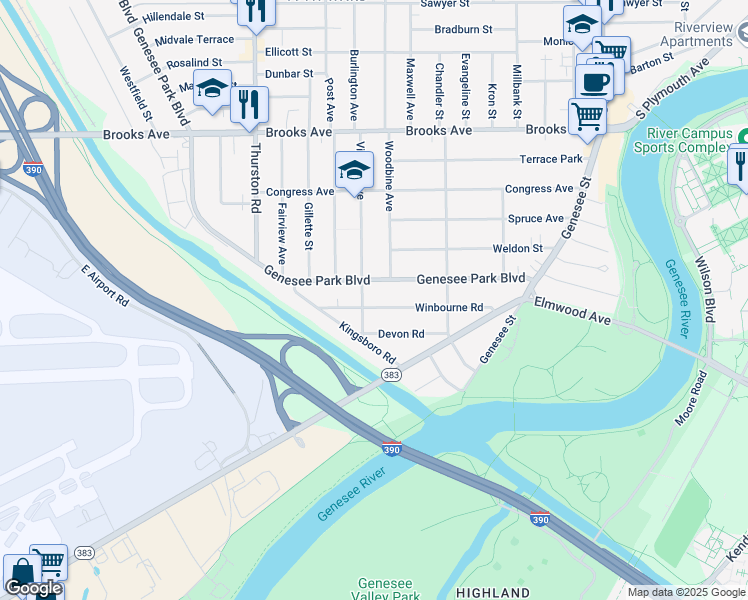map of restaurants, bars, coffee shops, grocery stores, and more near 138 Devon Road in Rochester