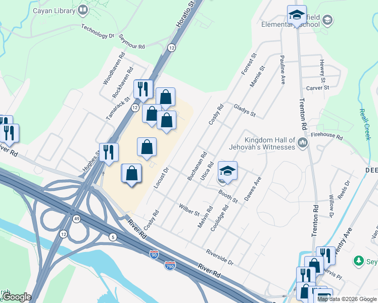 map of restaurants, bars, coffee shops, grocery stores, and more near 616 Cosby Road in Utica
