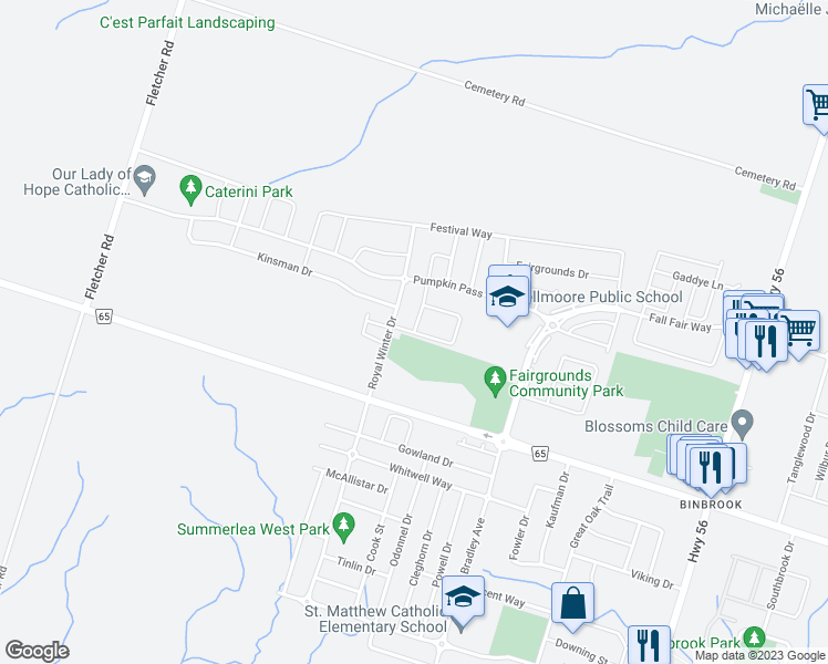 map of restaurants, bars, coffee shops, grocery stores, and more near Country Fair Way in Hamilton
