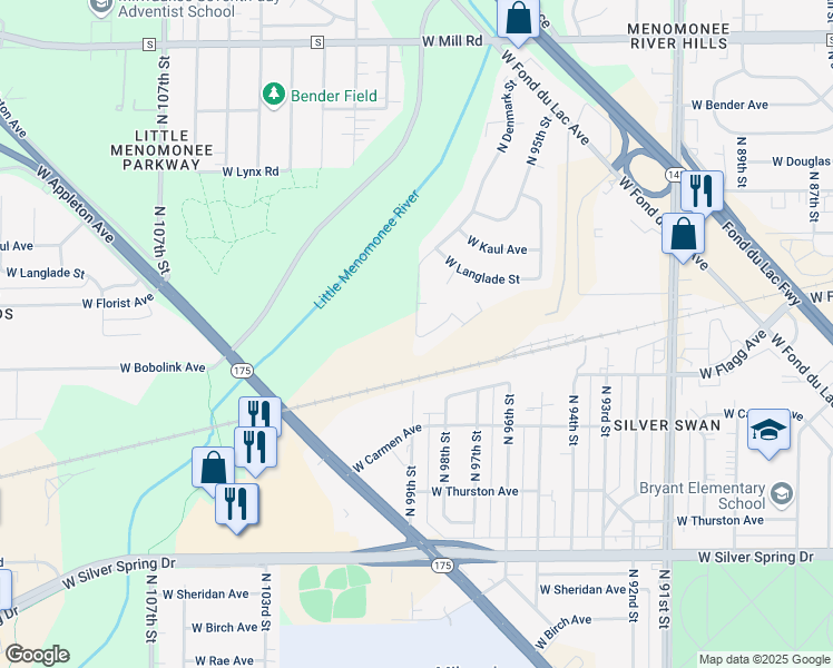 map of restaurants, bars, coffee shops, grocery stores, and more near 9899 West Menomonee Park Court in Milwaukee