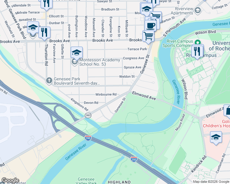 map of restaurants, bars, coffee shops, grocery stores, and more near 84 Scottsville Road in Rochester