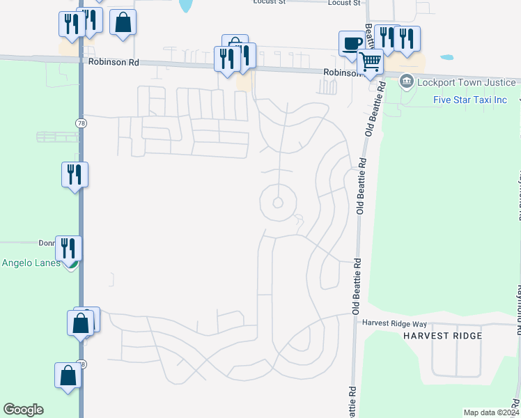 map of restaurants, bars, coffee shops, grocery stores, and more near 109 Elmhurst Drive in Lockport