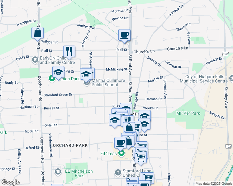 map of restaurants, bars, coffee shops, grocery stores, and more near 6330 Stamford Green Drive in Niagara Falls