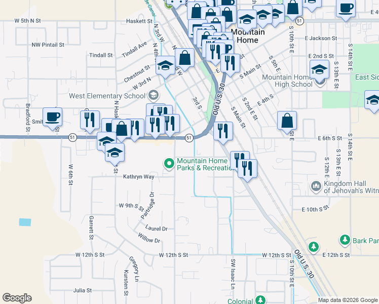 map of restaurants, bars, coffee shops, grocery stores, and more near 450 Airbase Road in Mountain Home