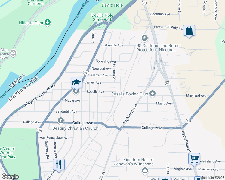 map of restaurants, bars, coffee shops, grocery stores, and more near 1352 Roselle Avenue in Niagara Falls