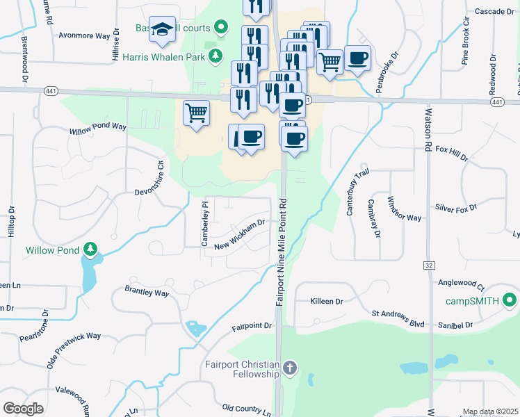 map of restaurants, bars, coffee shops, grocery stores, and more near 135 New Wickham Drive in Penfield