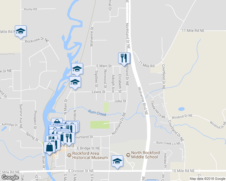 map of restaurants, bars, coffee shops, grocery stores, and more near 301 Adolph Avenue in Rockford