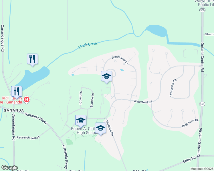 map of restaurants, bars, coffee shops, grocery stores, and more near 1500 Dayspring Ridge in Walworth