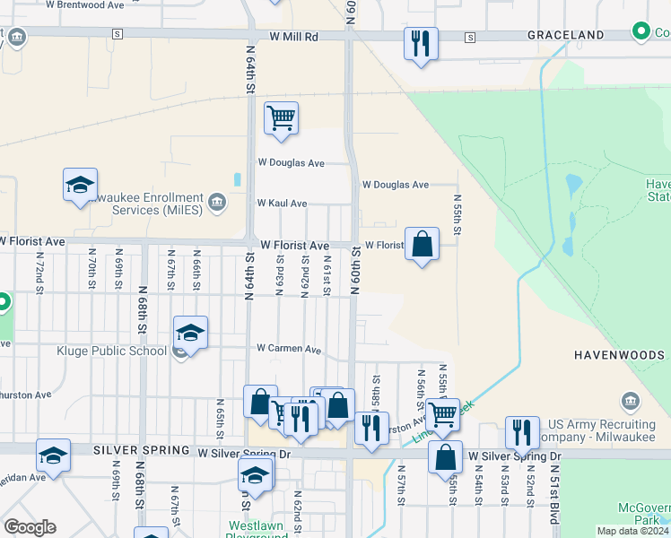 map of restaurants, bars, coffee shops, grocery stores, and more near 6027 West Florist Avenue in Milwaukee