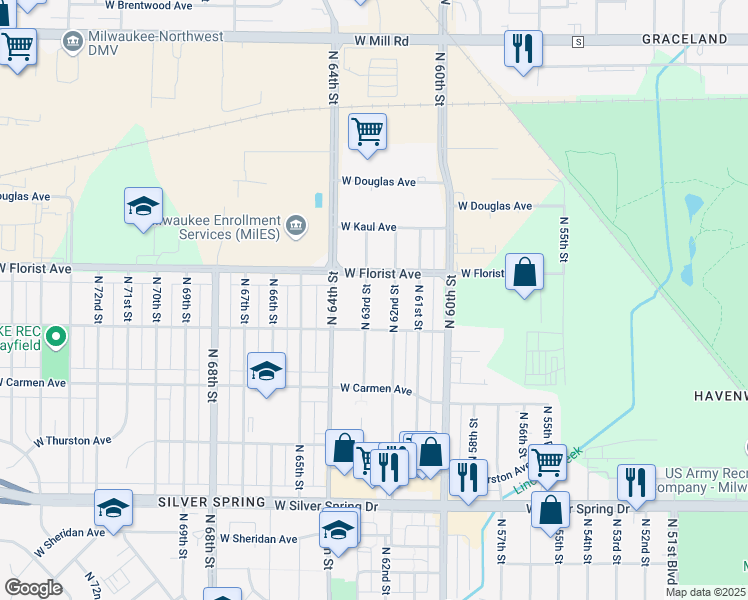 map of restaurants, bars, coffee shops, grocery stores, and more near 5977 North 62nd Street in Milwaukee