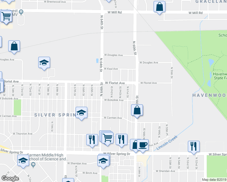 map of restaurants, bars, coffee shops, grocery stores, and more near 5977 North 62nd Street in Milwaukee
