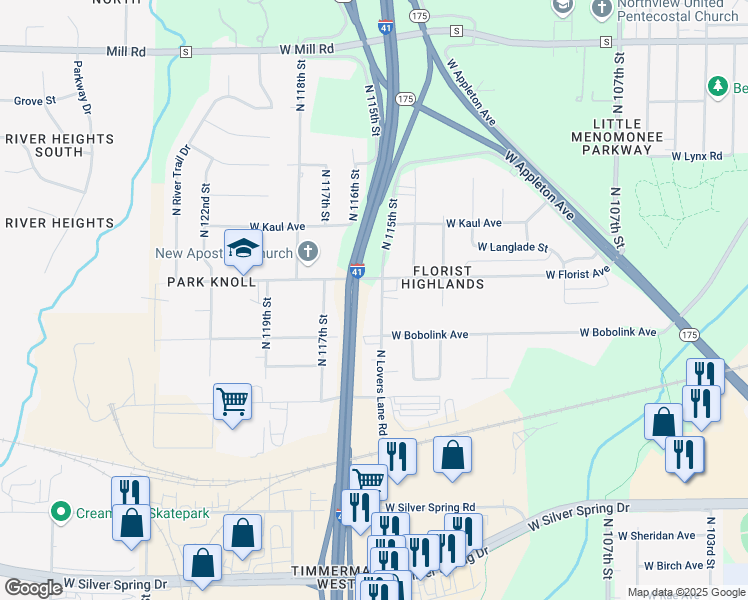map of restaurants, bars, coffee shops, grocery stores, and more near 5951 North Lovers Lane Road in Milwaukee