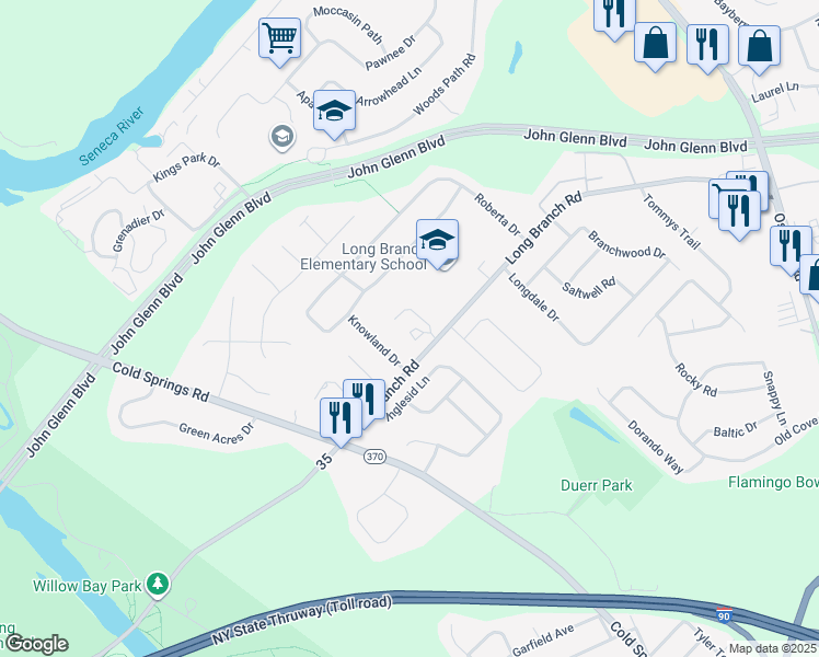 map of restaurants, bars, coffee shops, grocery stores, and more near 4055 Long Branch Road in Liverpool