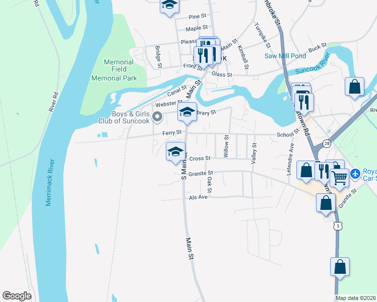 map of restaurants, bars, coffee shops, grocery stores, and more near 3 School Street in Allenstown