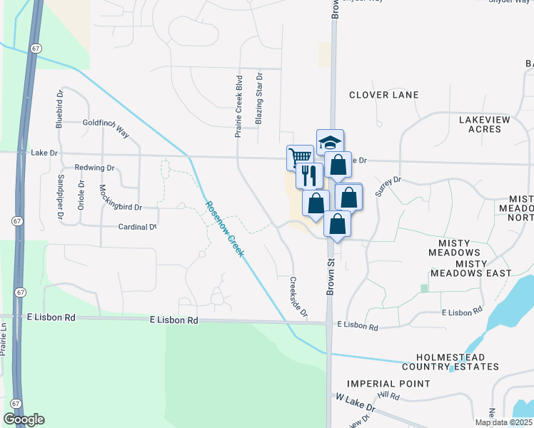 map of restaurants, bars, coffee shops, grocery stores, and more near 1210 Prairie Creek Boulevard in Oconomowoc